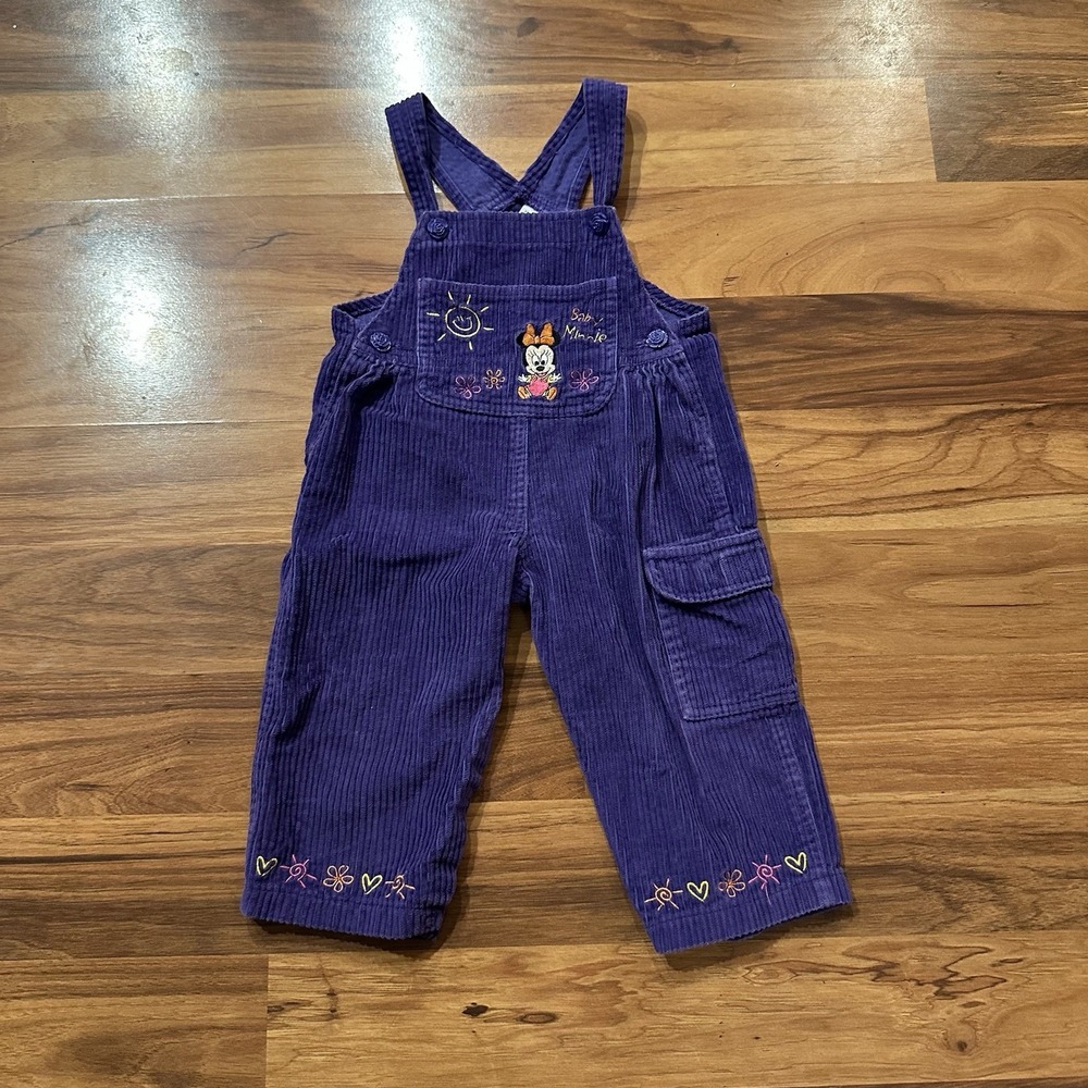 Vintage Disney Overalls Baby Minnie Mouse Corduroy Purple 100% Cotton Embroidery